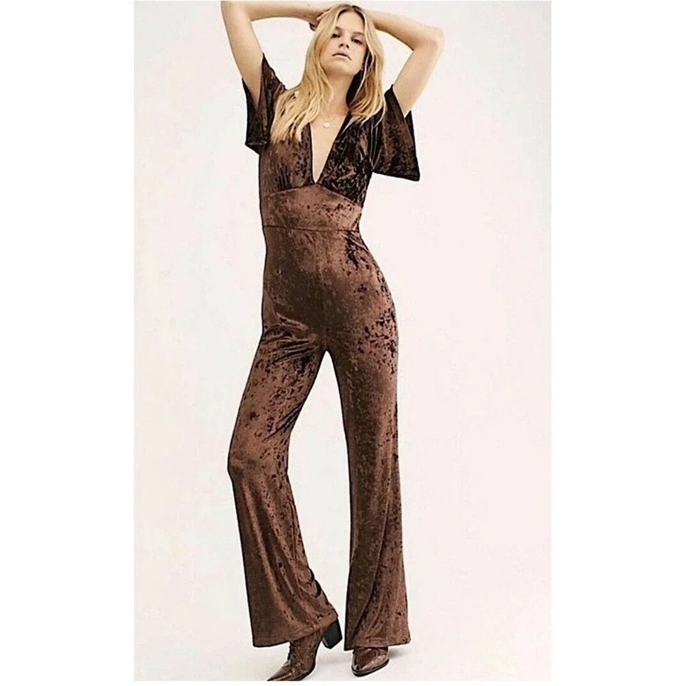 Free People Night Fever Jumpsuit Brown Crushed Velvet Size Small